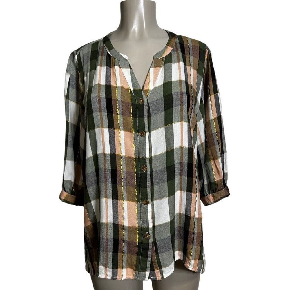 Cato Blouse Women's Large Green Plaid 3/4 Sleeve Button Front Metallic Accent
